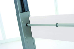 Close Up of Sit Stand Desk White Modesty Panel Silver frame