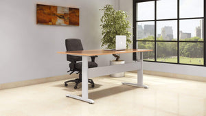 Sit Stand Desk Beech Top White Frame in Office